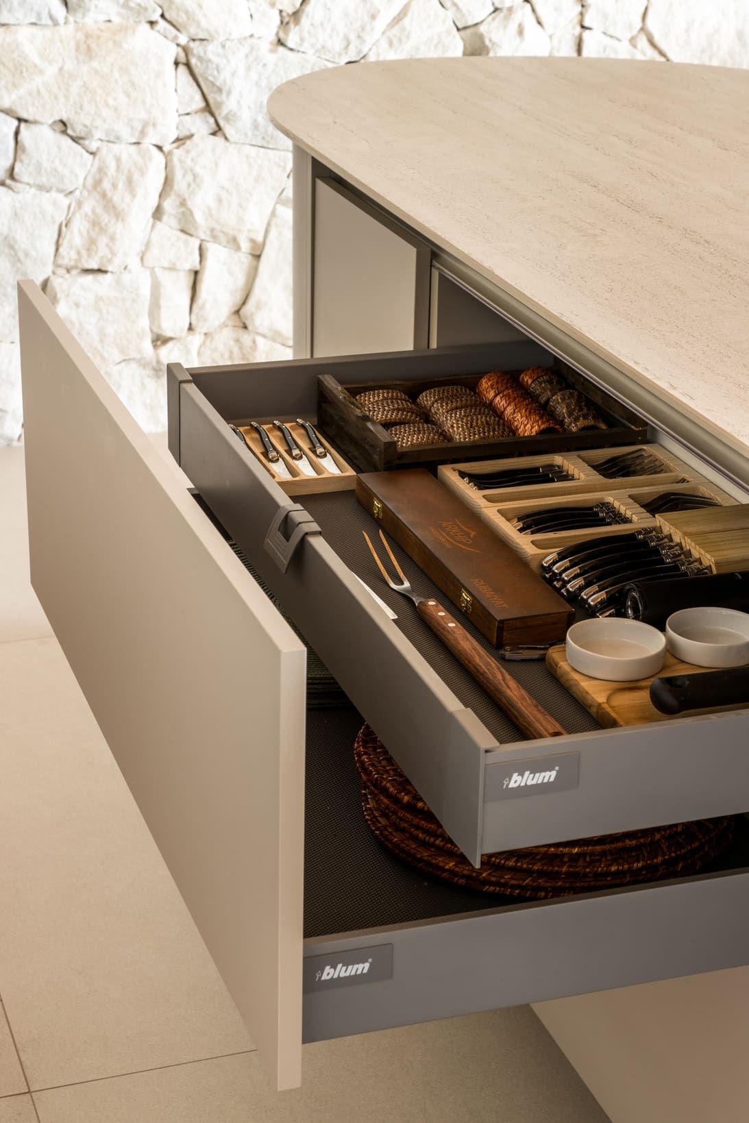 Deep kitchen drawer with a fitted wood cutlery organizer